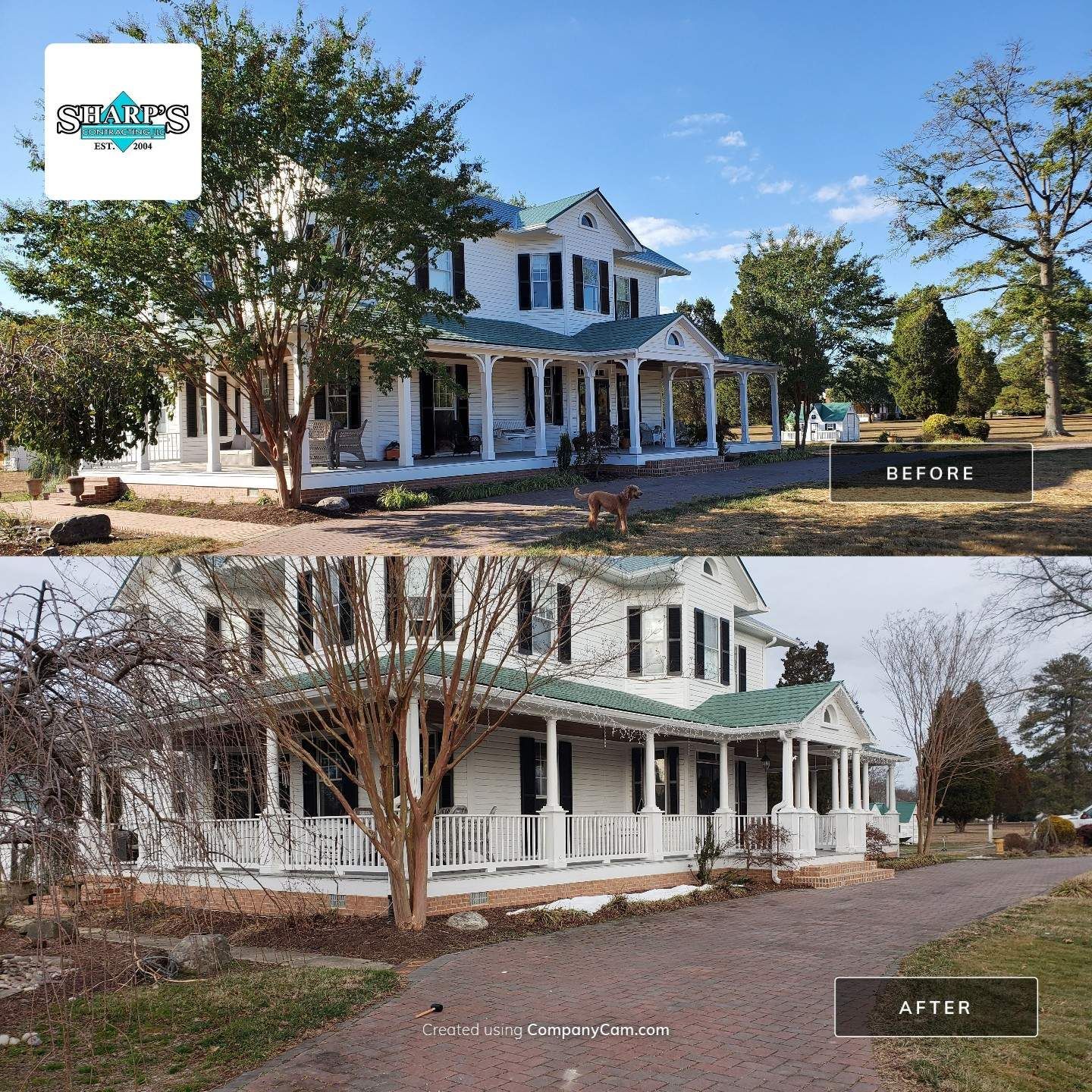 A before and after photo of a white house with a green roof