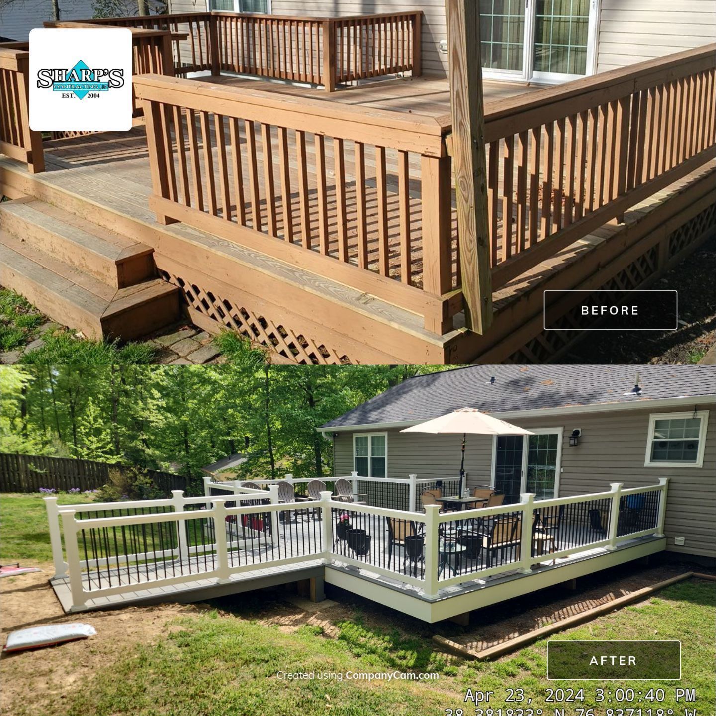 A before and after picture of a deck on a house