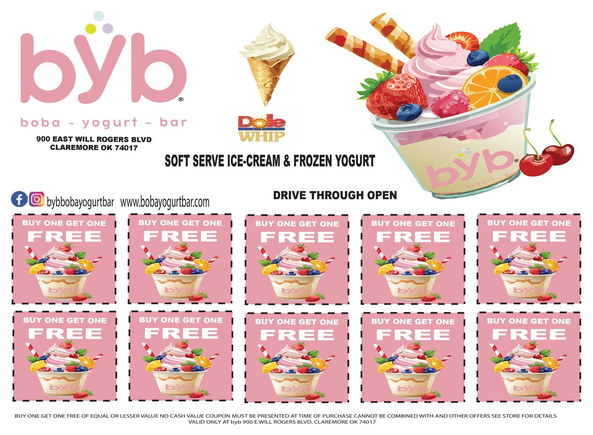 A flyer for byb soft serve ice cream and frozen yogurt