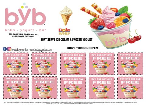 A flyer for byb soft serve ice cream and frozen yogurt