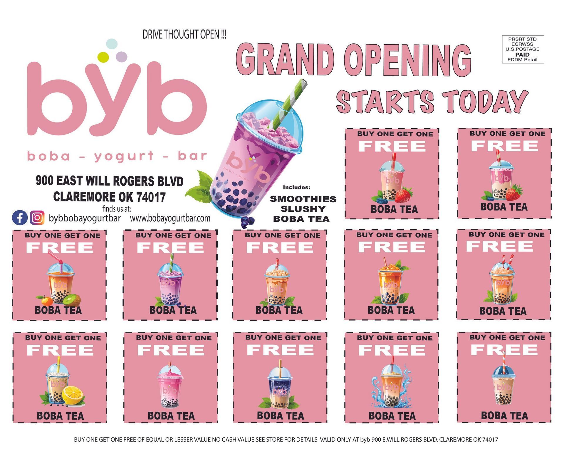 An advertisement for a boba yogurt bar that is opening today