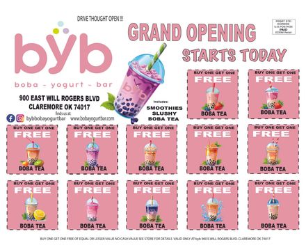 An advertisement for a boba yogurt bar that is opening today