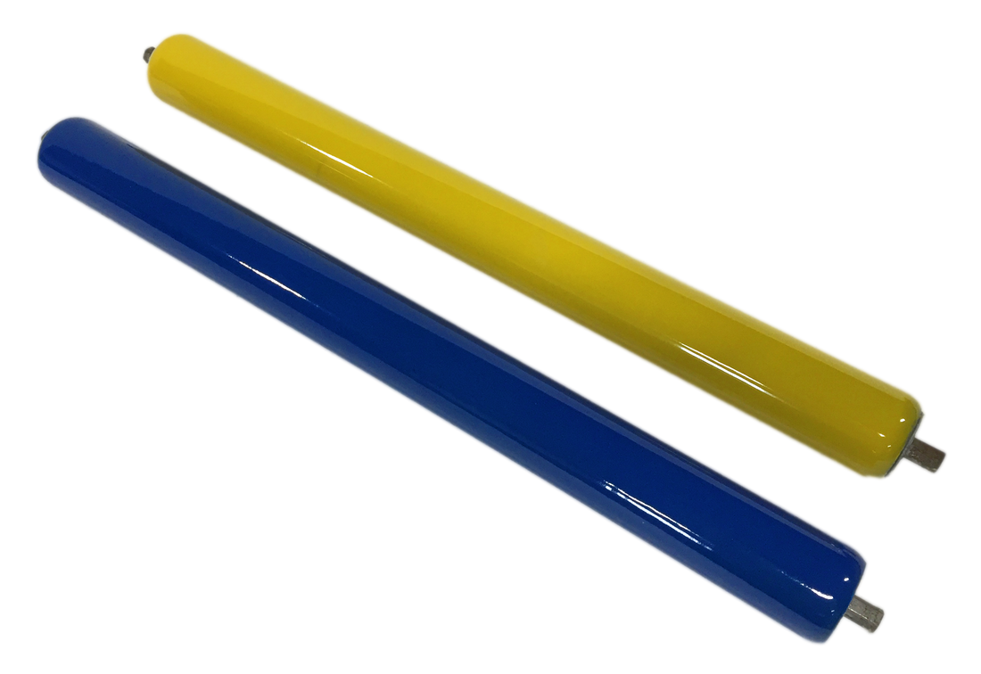 Two blue and yellow rollers on a white background