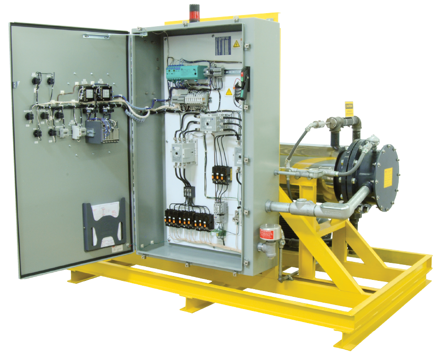 Open electrical control cabinet mounted on a yellow industrial test frame with hoses and gauges.