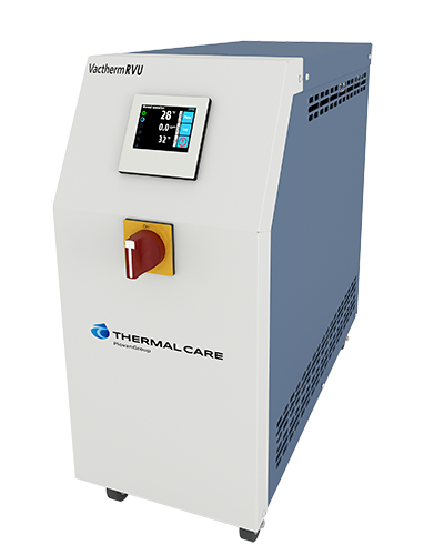 White industrial thermal chamber with touchscreen display and red emergency switch on a blue-and-white cabinet.