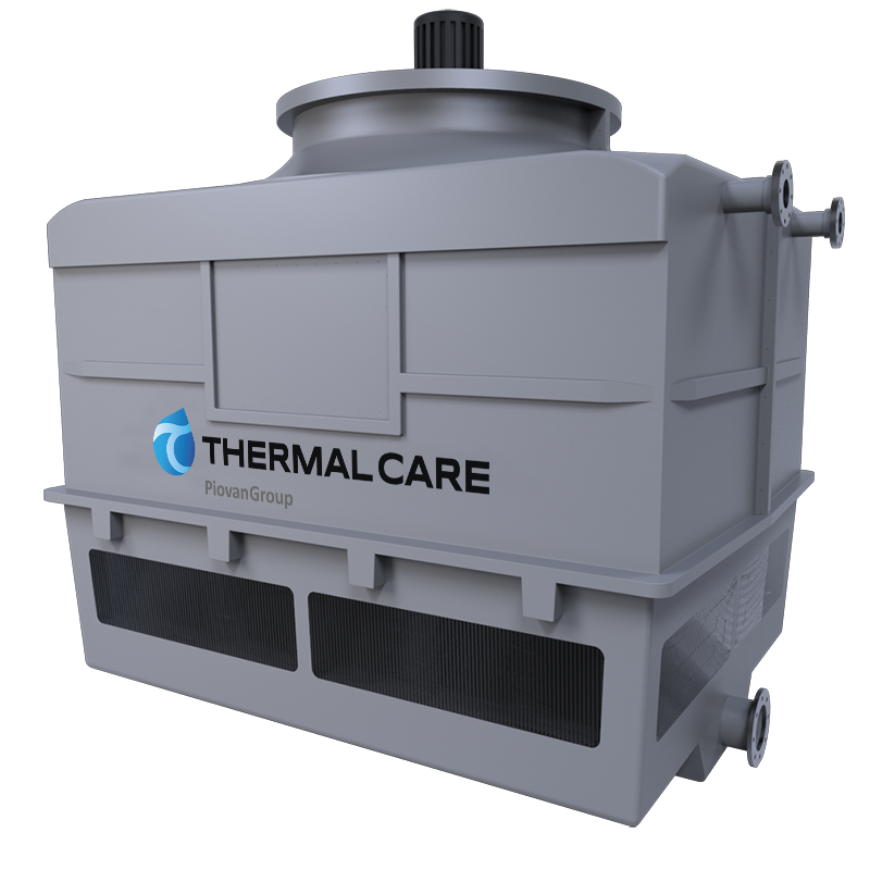 Gray Thermalcare industrial cooling unit with vents, pipes, and top fan on a white background