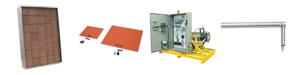 Collage of industrial equipment: brown panel door, orange floor panels, machinery, and a metal frame in white background