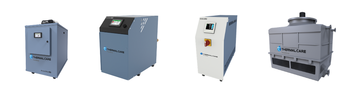 Four industrial machines, three blue/gray units, and one white control cabinet on a white background