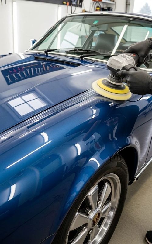Gloved hands polishing a blue classic car in a garage with a power buffer