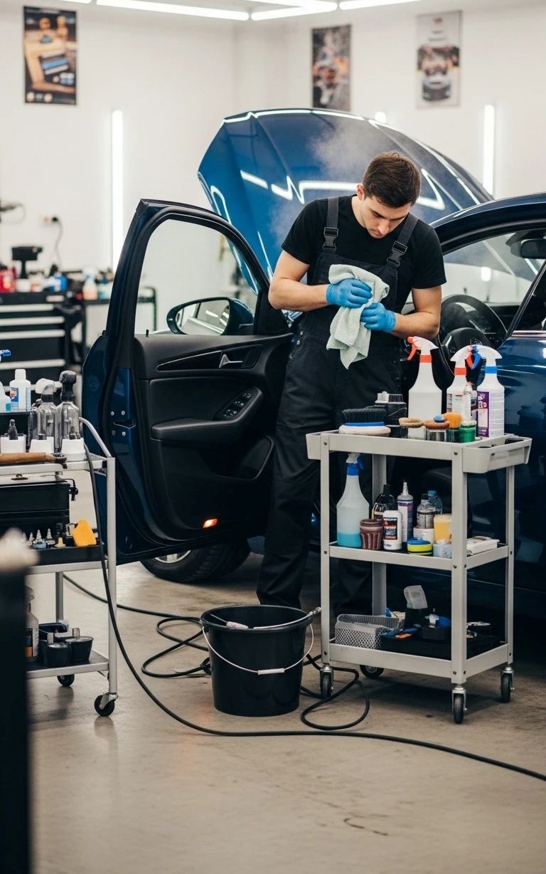 Person detailing a black car in a workshop, cleaning the open door area with supplies on a cart.