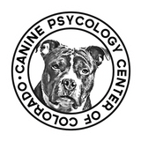 Black and white logo: Pit bull within a circle, "Colorado Canine Psychology Center" around the dog.