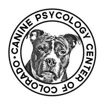 Black and white logo: Pit bull within a circle, "Colorado Canine Psychology Center" around the dog.
