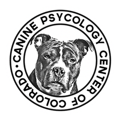 Black and white logo: Pit bull within a circle, "Colorado Canine Psychology Center" around the dog.