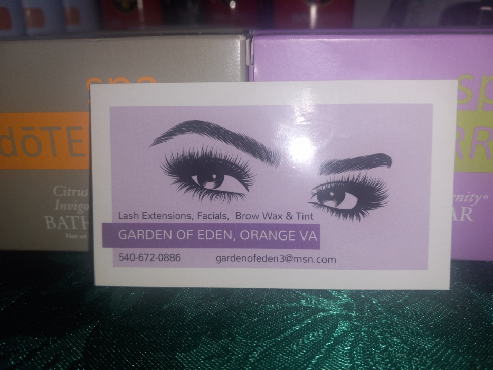 A business card for Garden of Eden in Orange, VA.