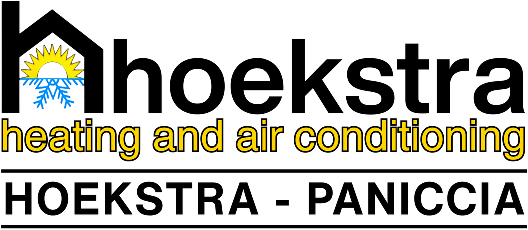 Hoekstra heating and air conditioning logo with house icon and HOEKSTRA - PANICCIA text