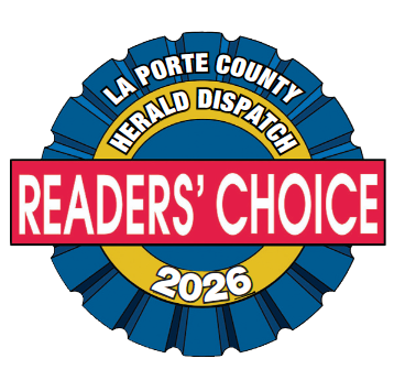 La Porte County Herald Dispatch Readers’ Choice 2026 award badge in blue, yellow, and red