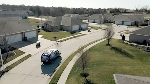 An aerial view of a residential neighborhood with a car parked on the side of the road.