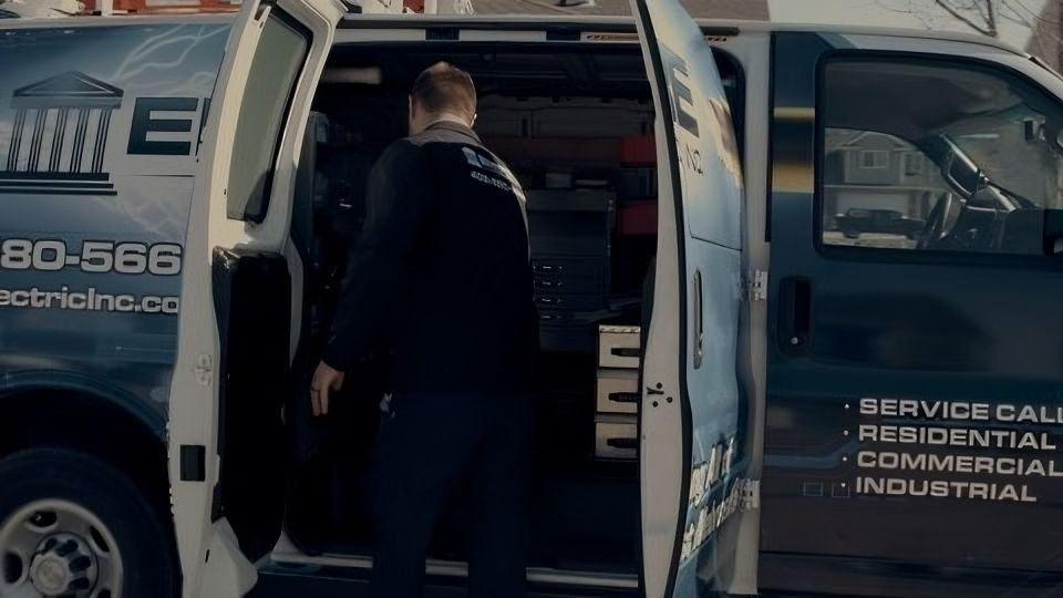 A man is getting out of a service call van.