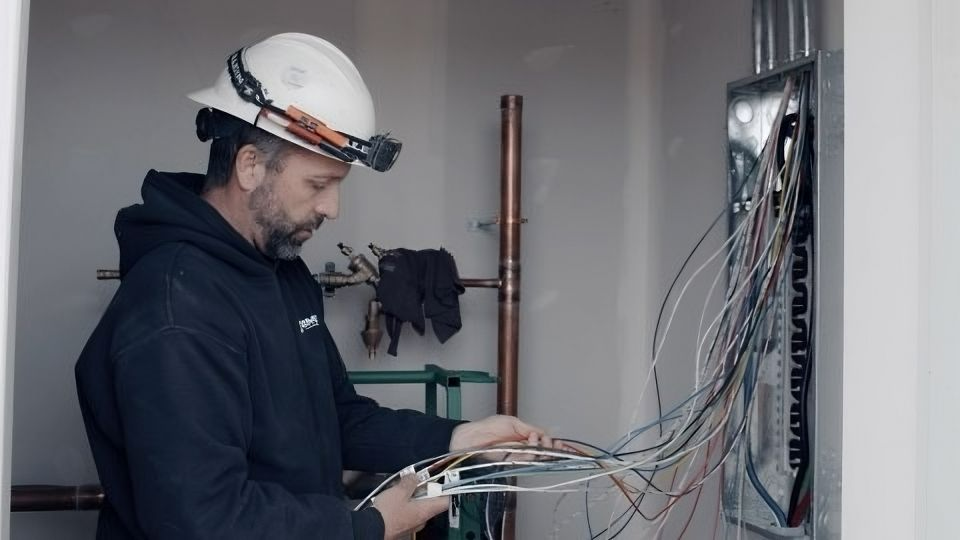 A man wearing a hard hat is working on an electrical box.