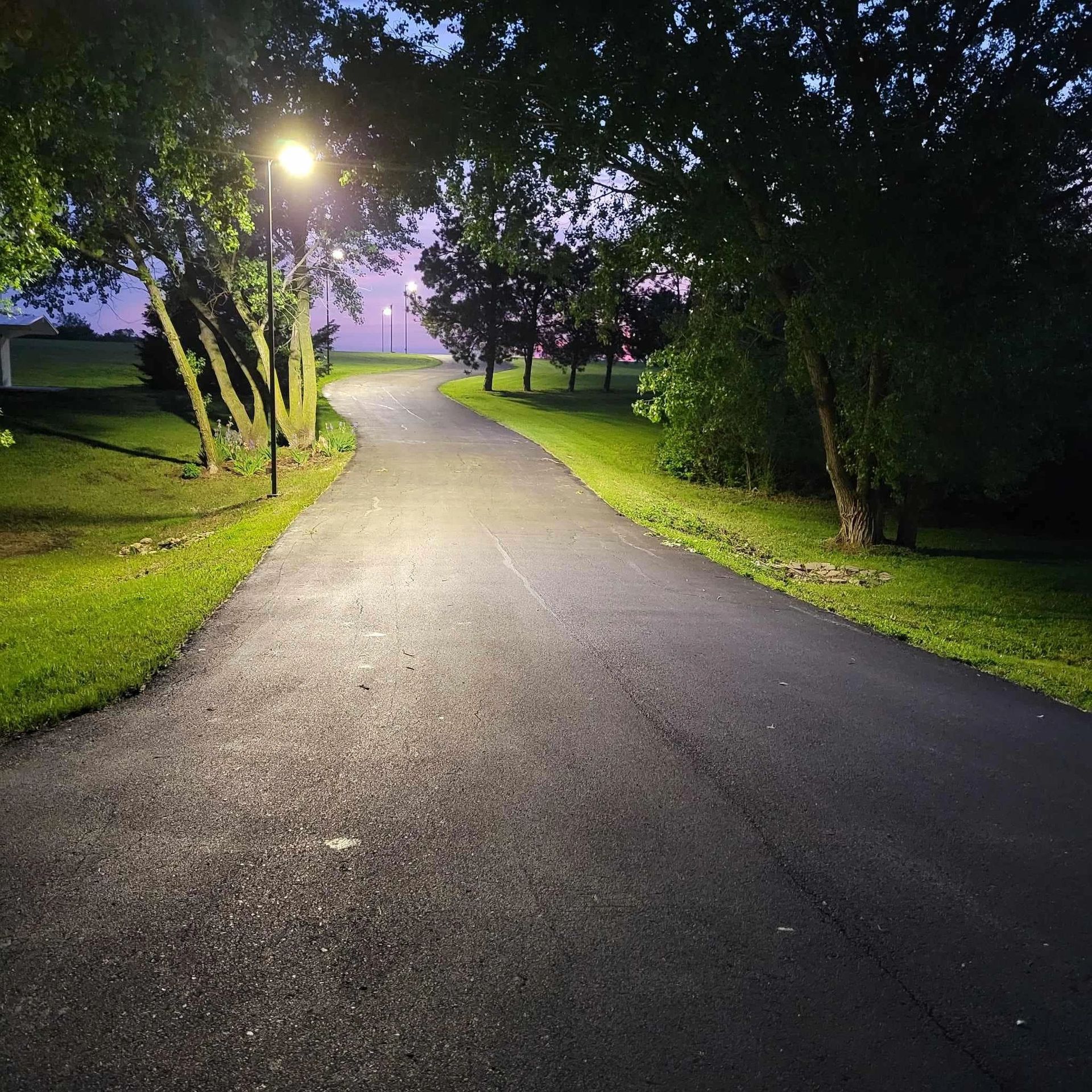 A road that is lit up at night with trees on both sides