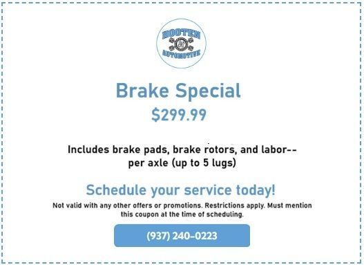 Brake special advertisement for $299.99 including pads, rotors, and labor per axle. Includes a phone number.