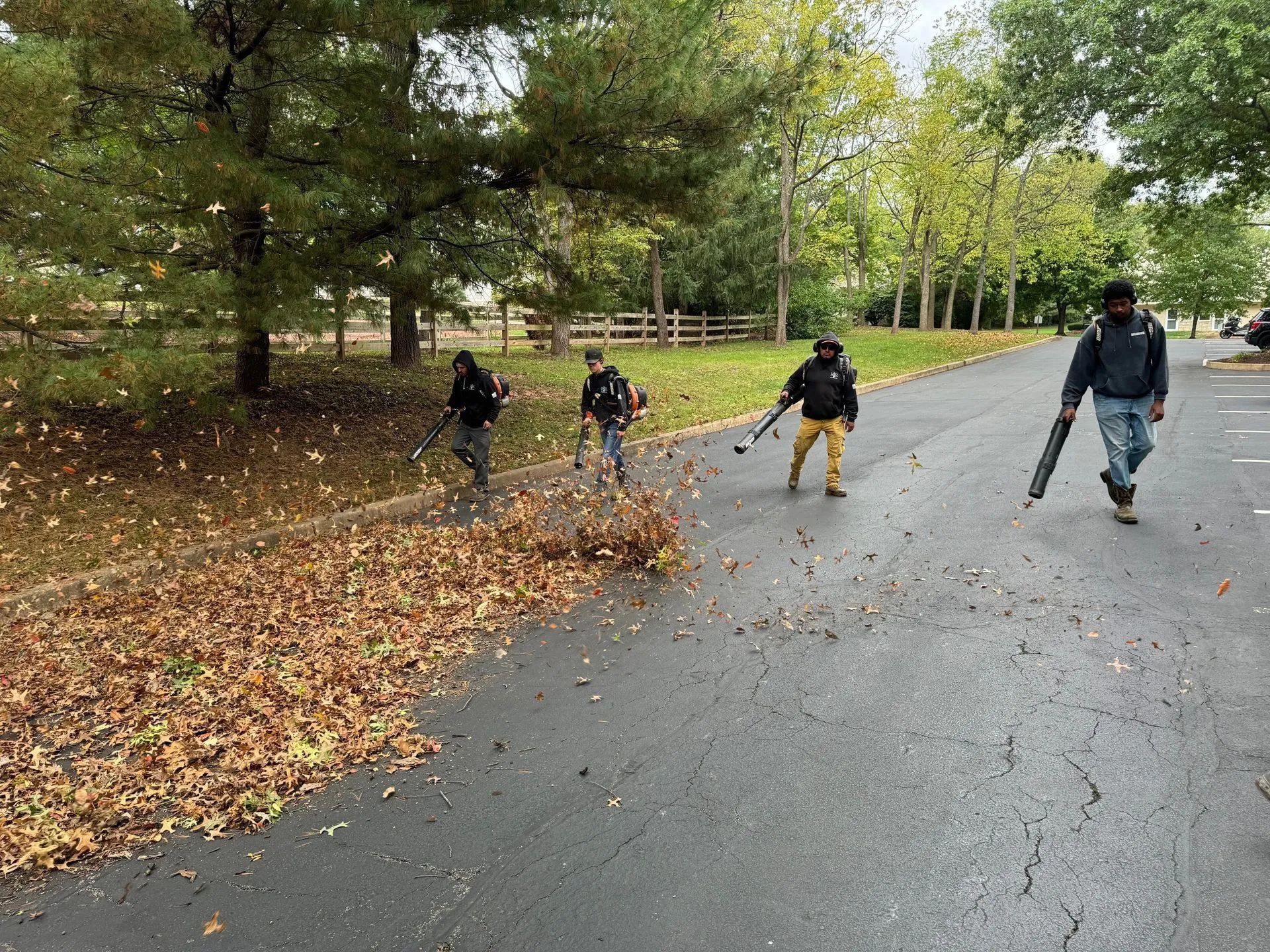 Four people in dark gear rake leaves along a tree-lined road in a park