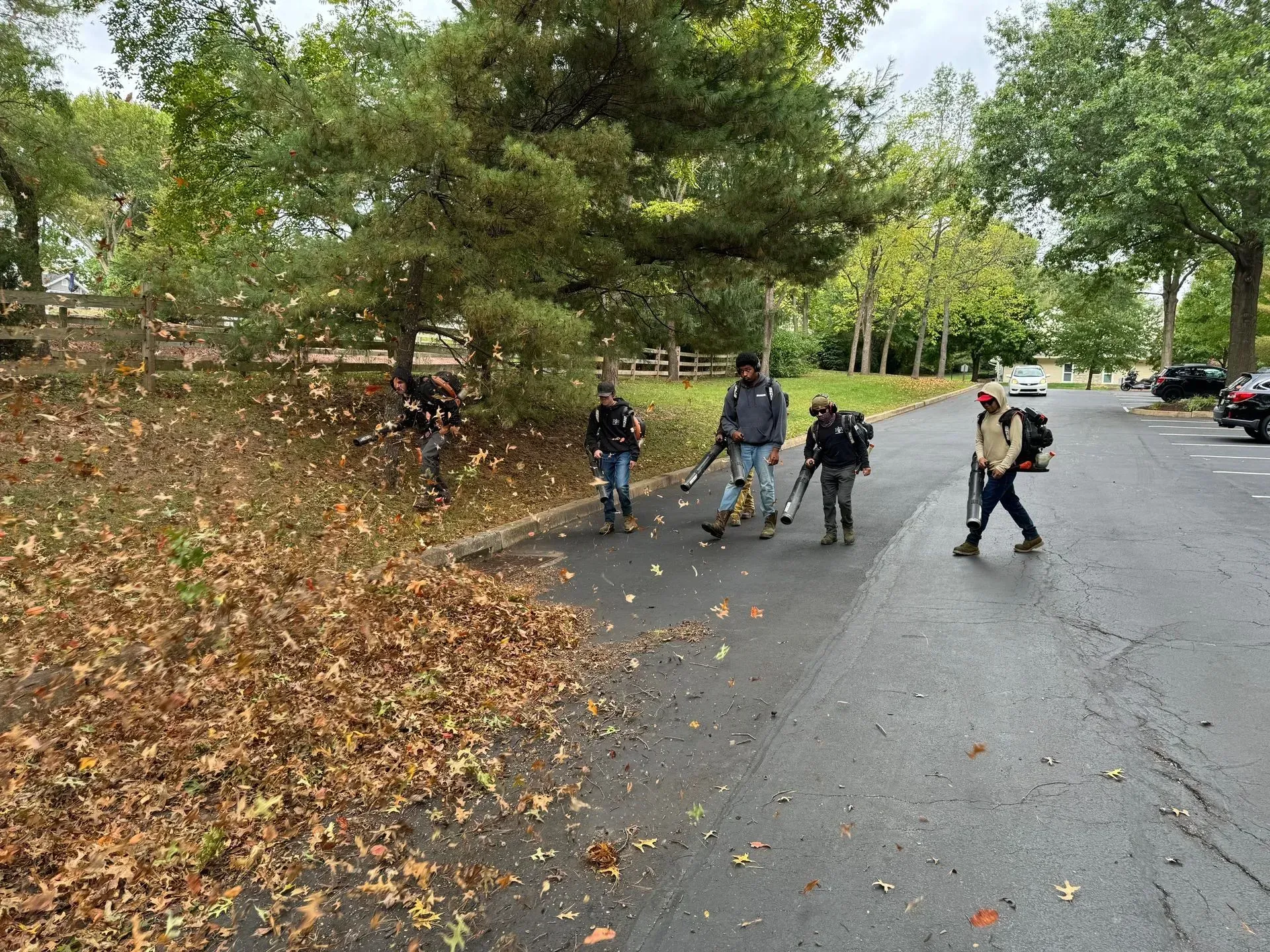 Four people walking on a wet park road beside trees and fallen leaves