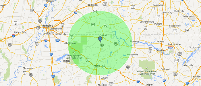 northern Mississippi area radius map