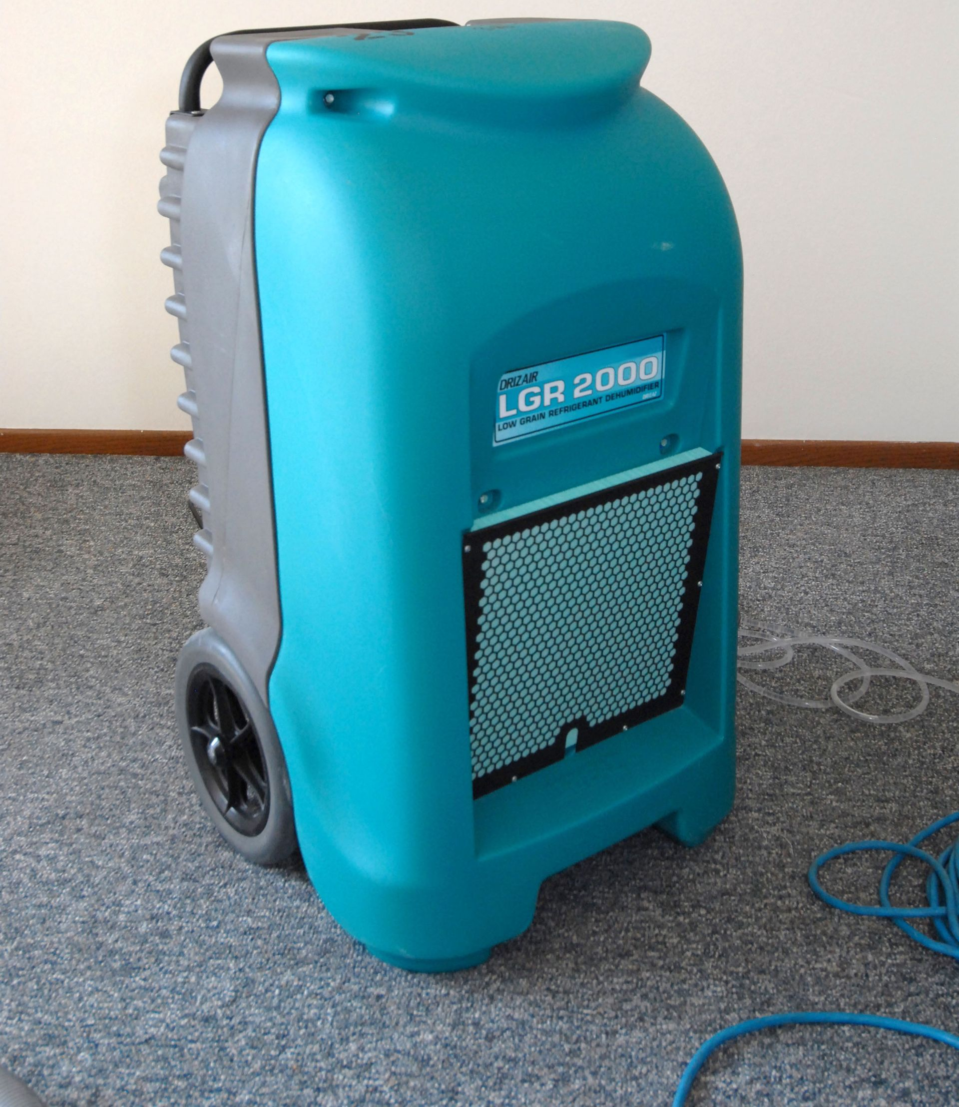 Blue industrial dehumidifier on carpeted floor against a wall, with power cord visible