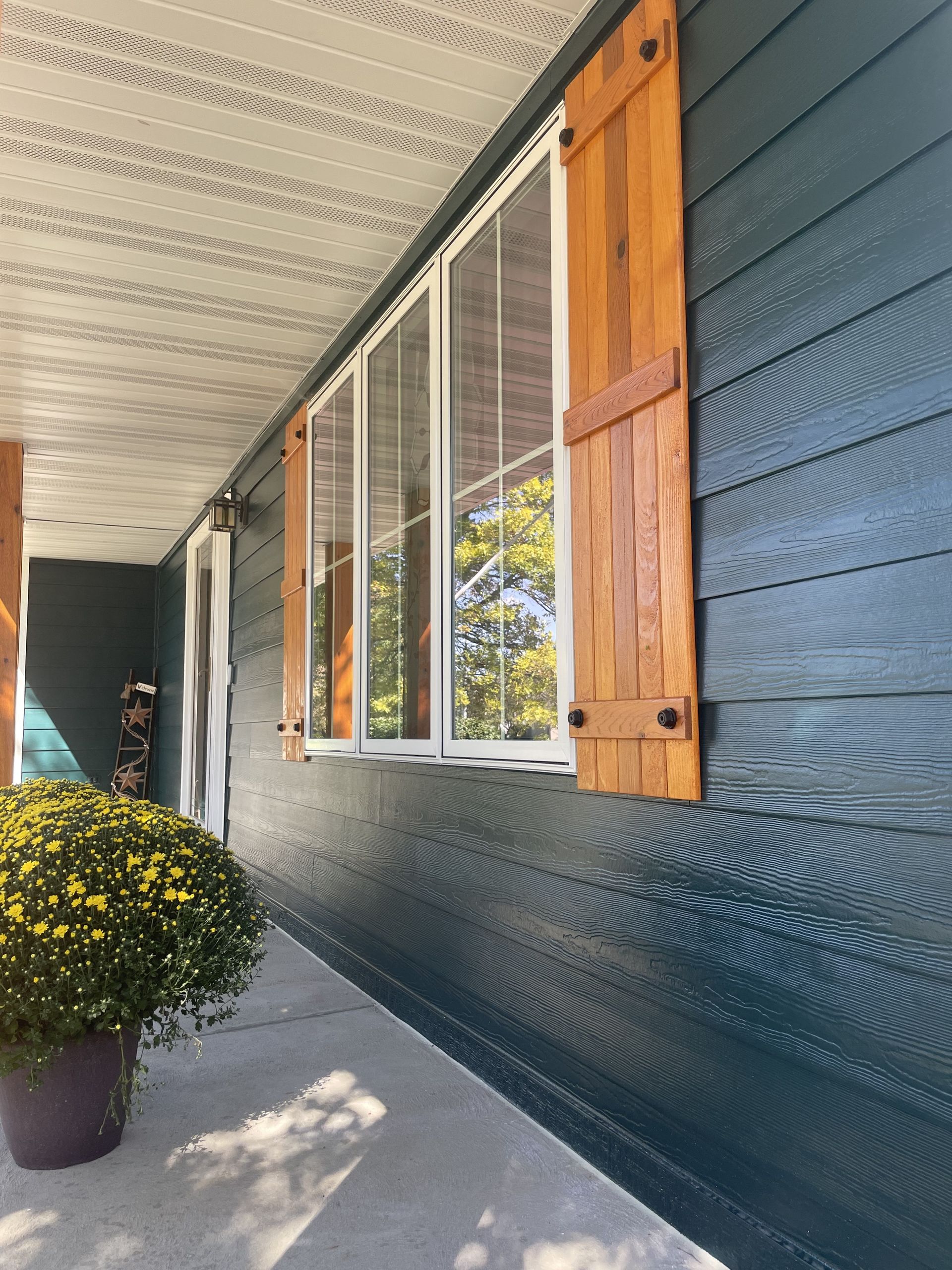 Exterior of a house with teal siding, wooden shutters, and a window reflecting trees. A potted plant sits on the porch.