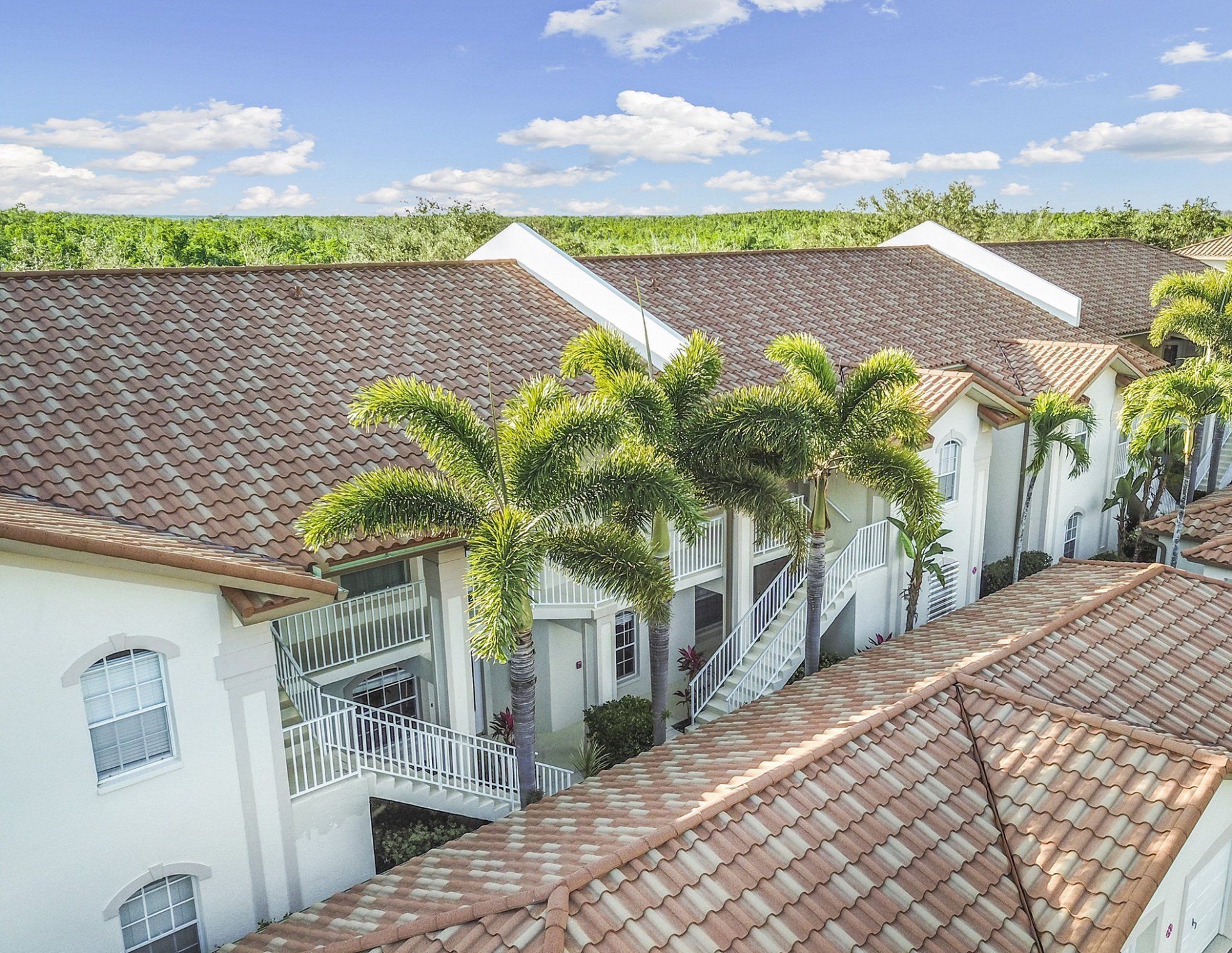 Row of white stucco buildings with brown tile roofs, palm trees, and exterior staircases under a blue sky.
