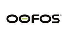 Logo for OOFOS brand, black text with green bar over two O's and trademark symbol.