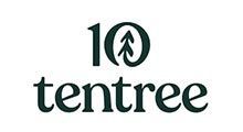 Logo for Tentree: Number 10 with a tree icon inside a circle, text