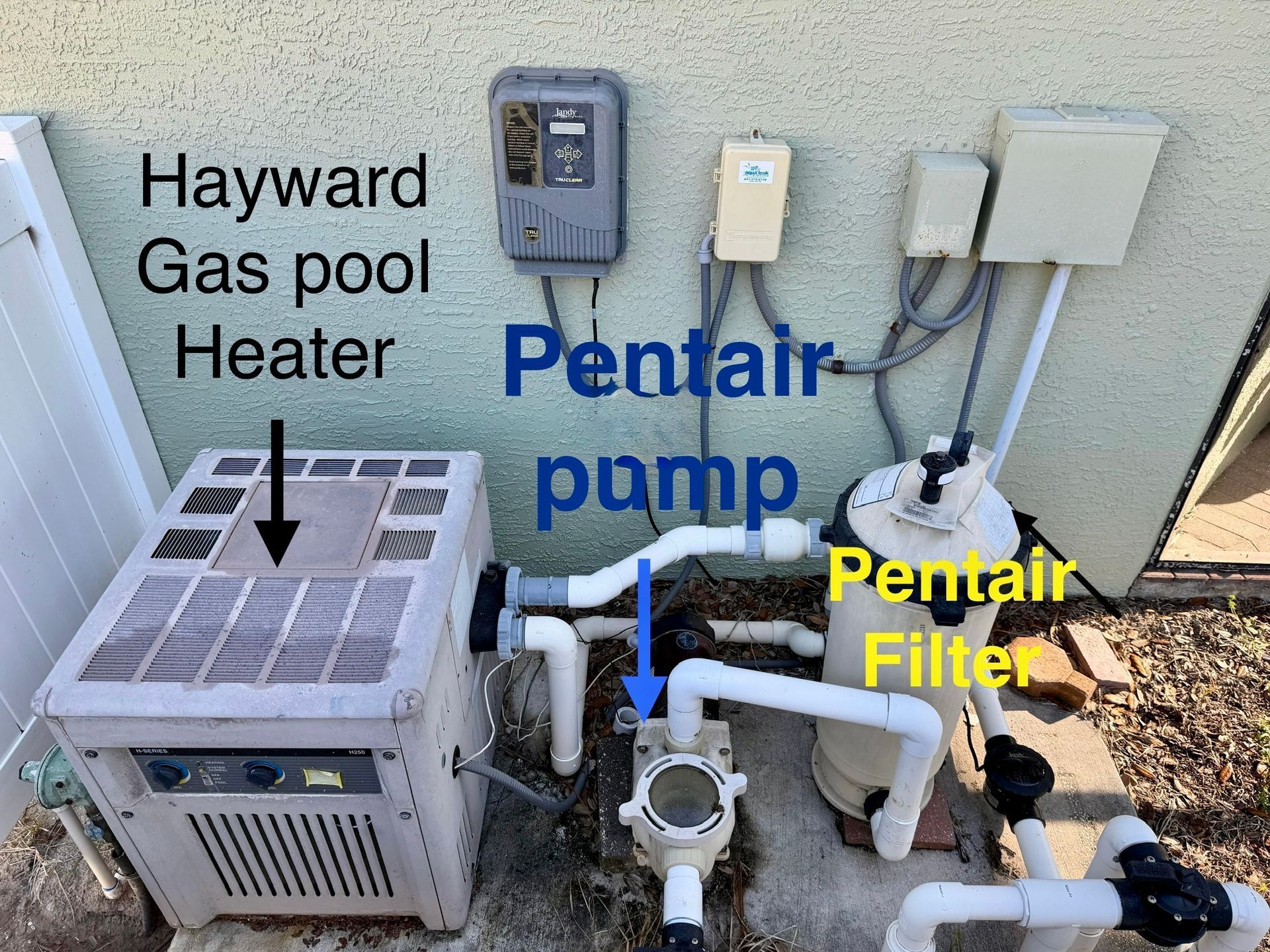 Pool equipment: Hayward gas heater, Pentair pump and filter, mounted on a wall.