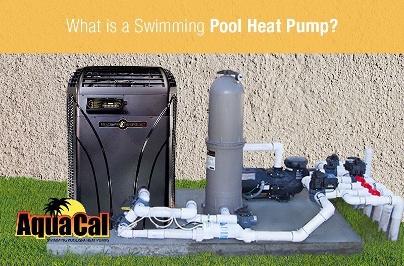 A swimming pool heat pump system with pipes and a filter, on a concrete pad. Text reads