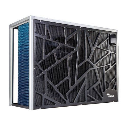 Pool equipment: heater, filter, and pump outside against a textured wall with electrical boxes.