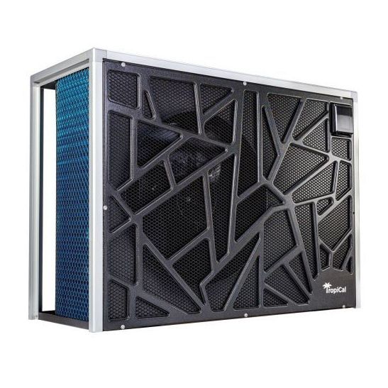 Black and silver HVAC unit with an abstract design on the front panel and a blue interior.