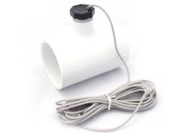 A white, cylindrical pipe section with a screw-on black cap attached to a long, coiled gray cable.