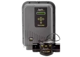 A grey Jandy TruClear saltwater chlorinator control box next to its black, pipe-mounted electrolytic cell.