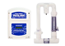 Pool Pilot Digital Nano salt chlorine generator system with a digital control box and plumbing manifold with a salt cell.