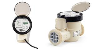 Two views of an Elster water meter, a top-down view showing the digital display and a side view of the beige housing.