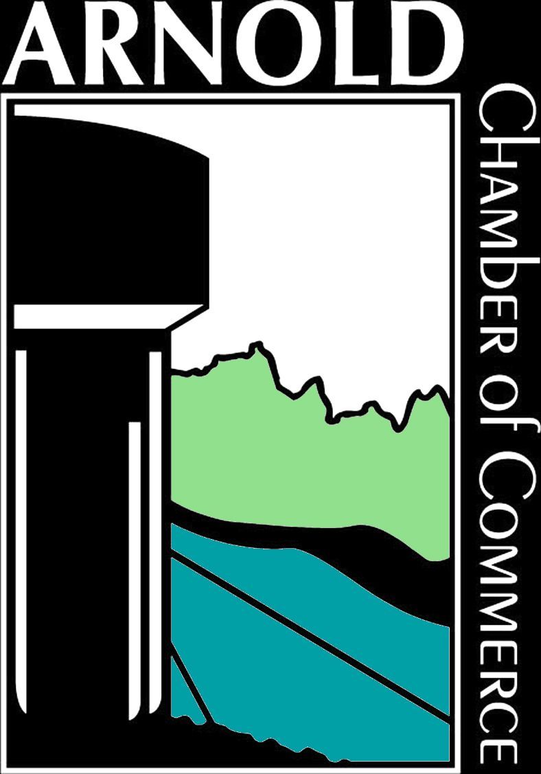 Arnold Chamber of Commerce logo: black water tower, green trees, turquoise water, white border, and the name