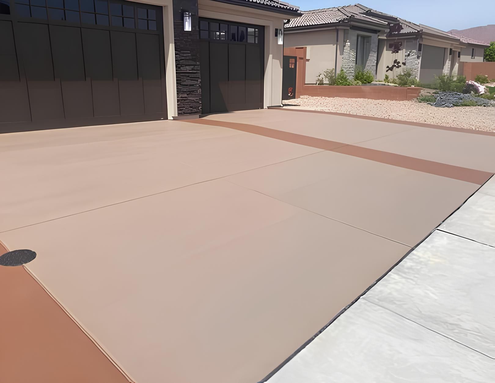 Tan concrete driveway with brown accents leading to a garage.