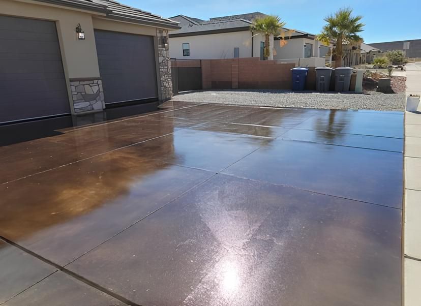 Shiny brown concrete driveway reflecting sunlight, in front of a house with closed garage doors.