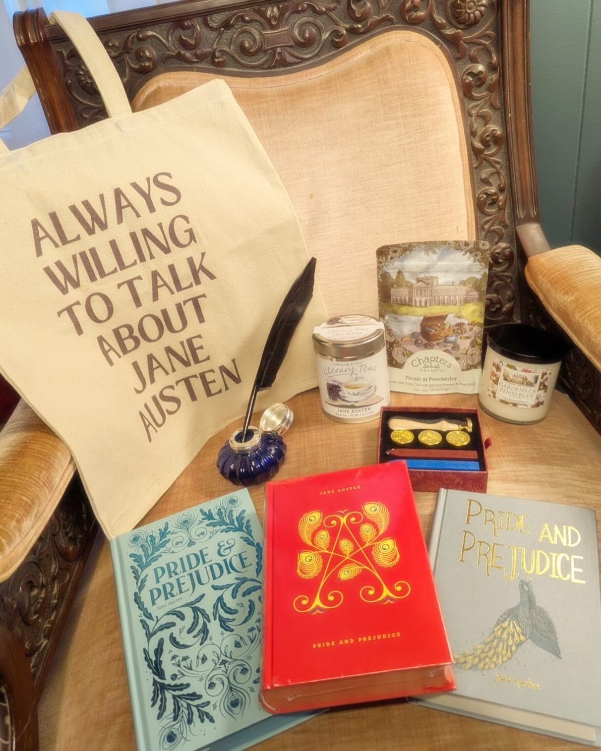 A chair with a tote bag that says always willing to talk about jane austen