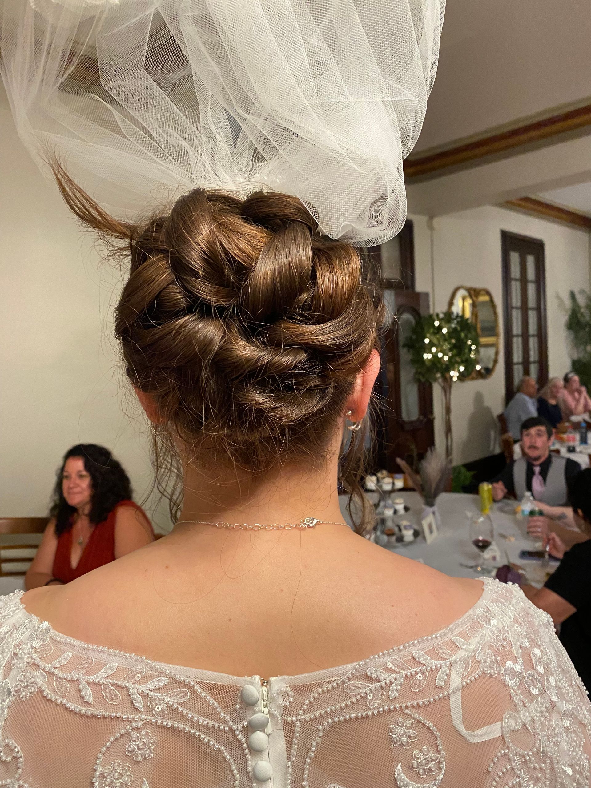 The back of a woman in a wedding dress with a veil on her head.