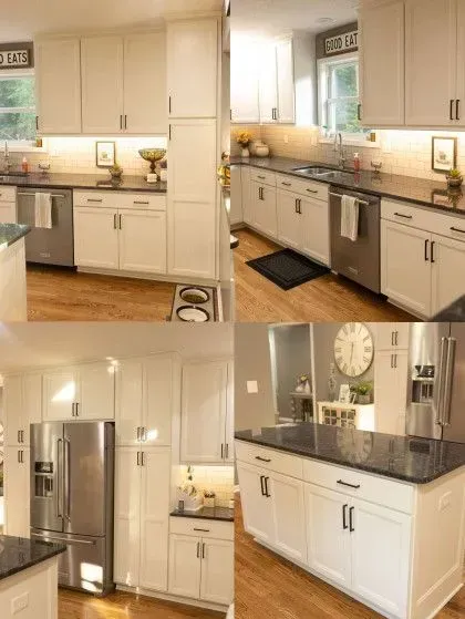 Collage of a bright modern kitchen with beige cabinets, gray countertops, stainless appliances, and white island cabinets
