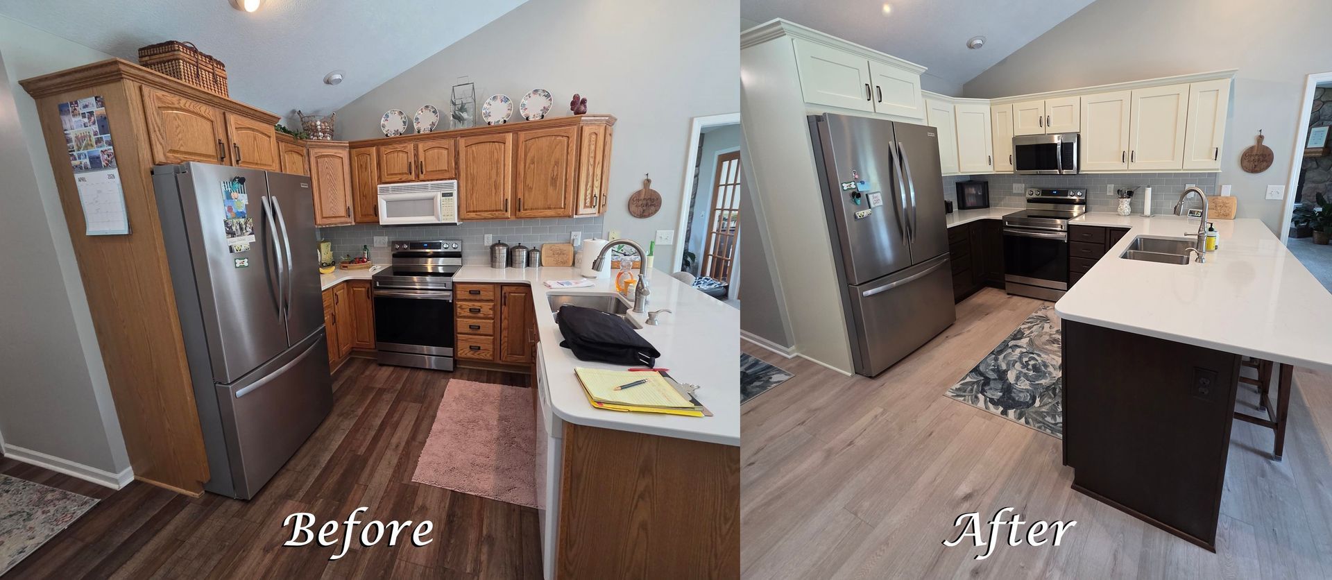 Split-view kitchen before-and-after renovation, showing dark wood to bright white cabinets and countertops.