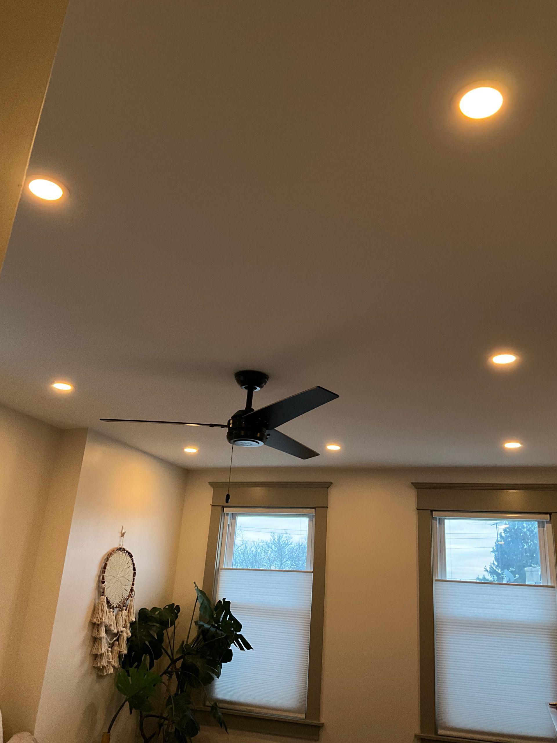 A living room with a ceiling fan and two windows