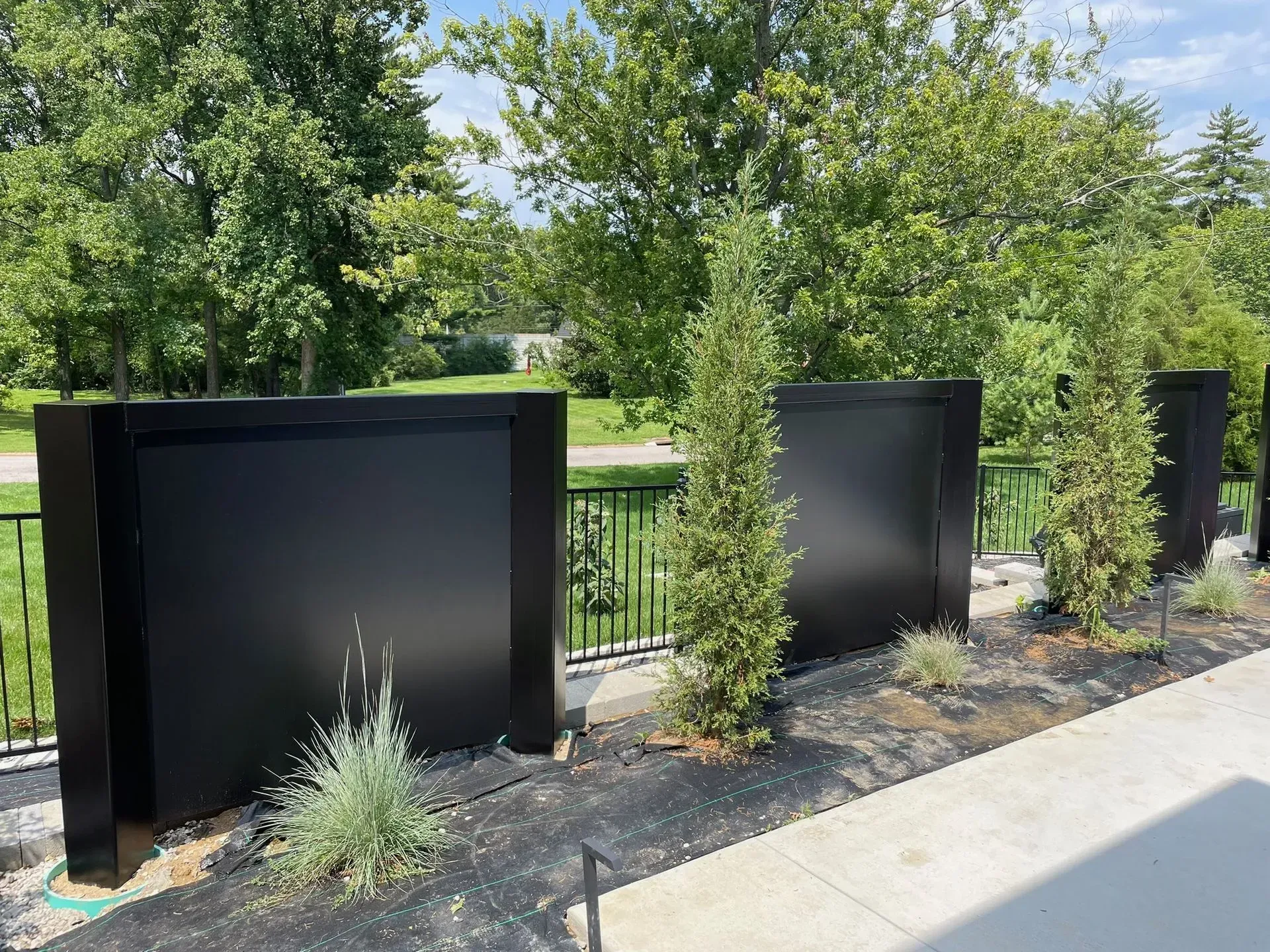 Black metal privacy screens with small trees, black mulch, and landscaping.